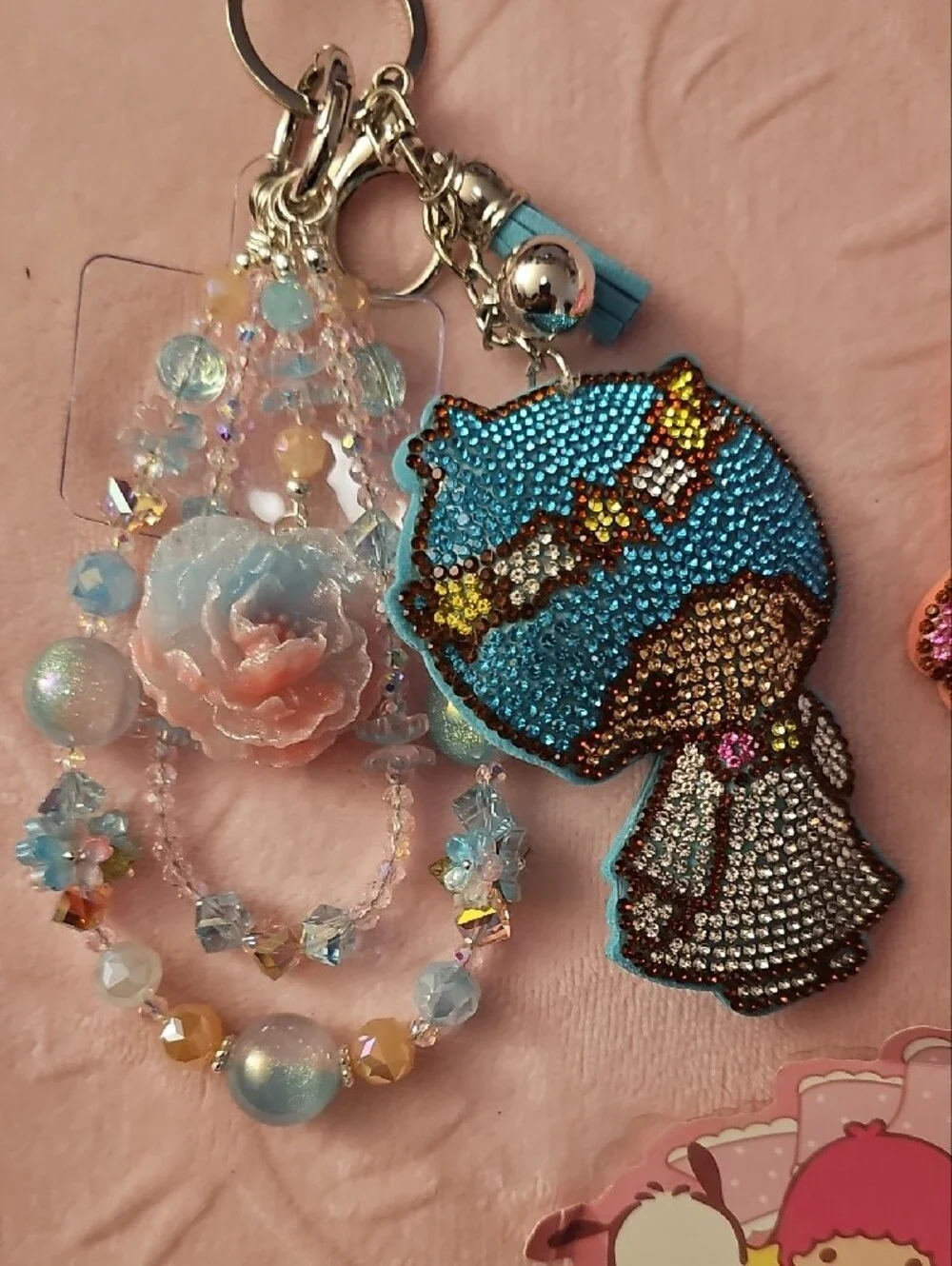Little Twin Stars Blue and Pink Beaded Charm Keychain Set And Erasers